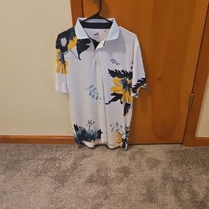 Puma Floral Golf Polo- Medium. White/navy/yellow. Has Not Been Worn